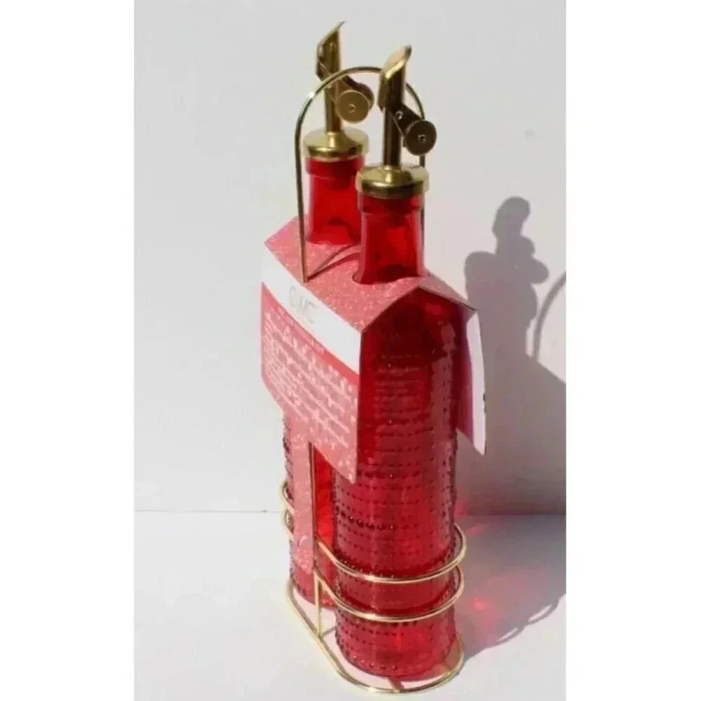 New Red / Gold Olive Oil & Vinegar Bubble Glass Dispenser Set